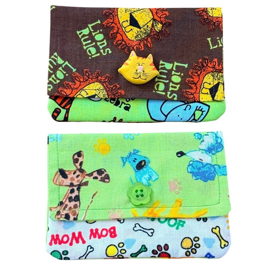 Handmade Animal Print Fabric Card Holder Wallet Set Lions Dogs Multicolor